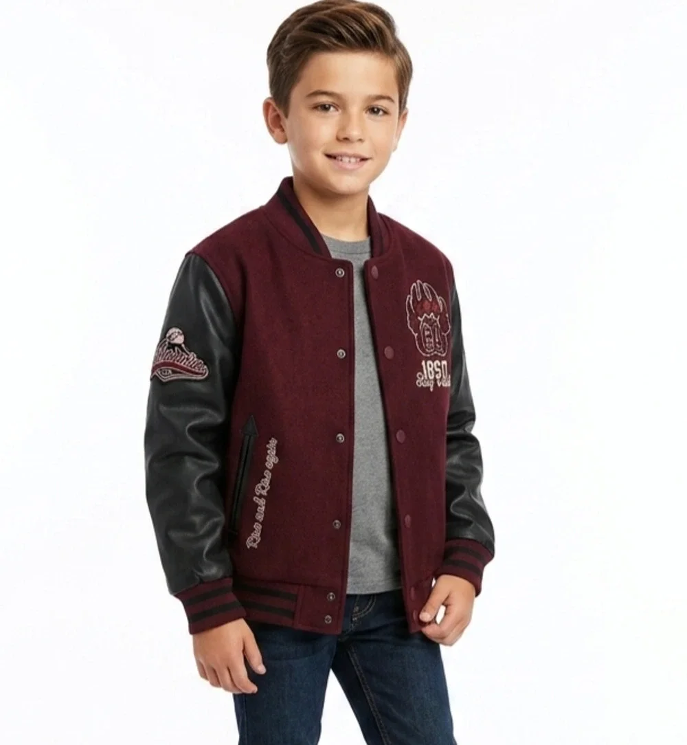 Ring of Fire Boys Varsity Jacket Med Burgundy Black Faux Leather Sleeve CA Bear
